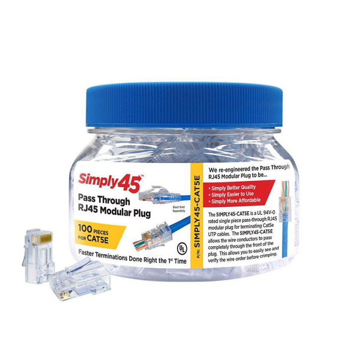 Simply45 S45-1500 Pass Through RJ45-koblinger for 24 AWG Cat5e/6 UTP - 100 stk.