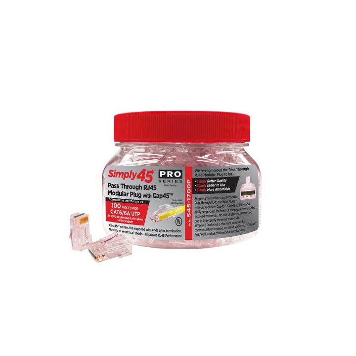 Simply45 S45-1700 Pass Through RJ45-koblinger for 23 AWG Cat6/6A UTP - 100 stk.